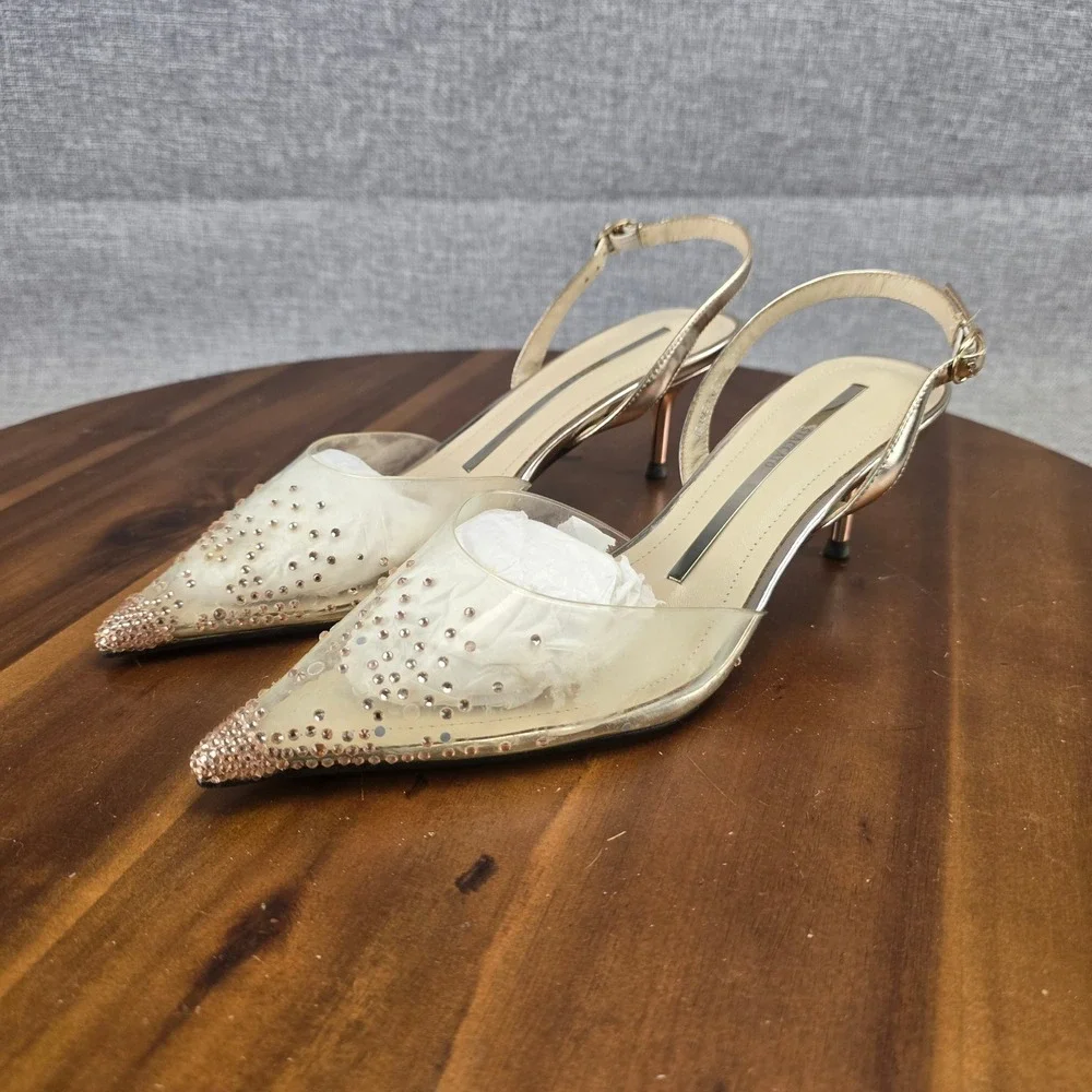 Staccato Gold Metallic Rhinestone Clear PVC Slingback Kitten Heels Size 37